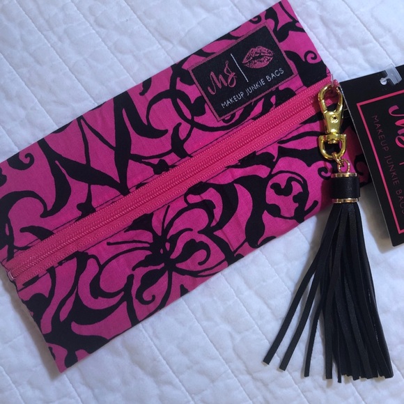 NEW Makeup Junkie Bag Size Mini Pink & Black Print - Picture 3 of 5
